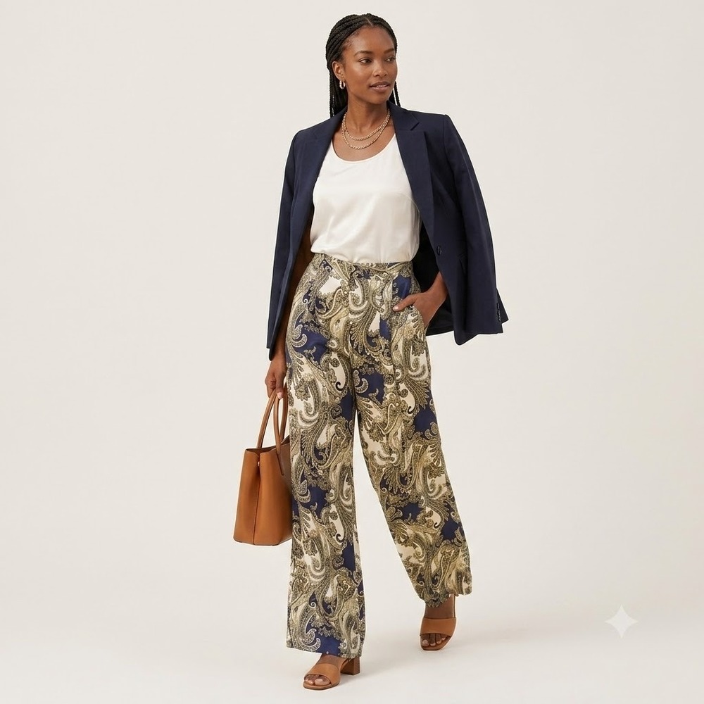 Mango‎ Paisley Wide Leg Pants Womens Medium Blue Green Elastic Waist Trousers